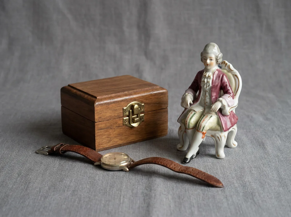 Assorted personal items including jewelry box, watch, and antique figurine on neutral surface