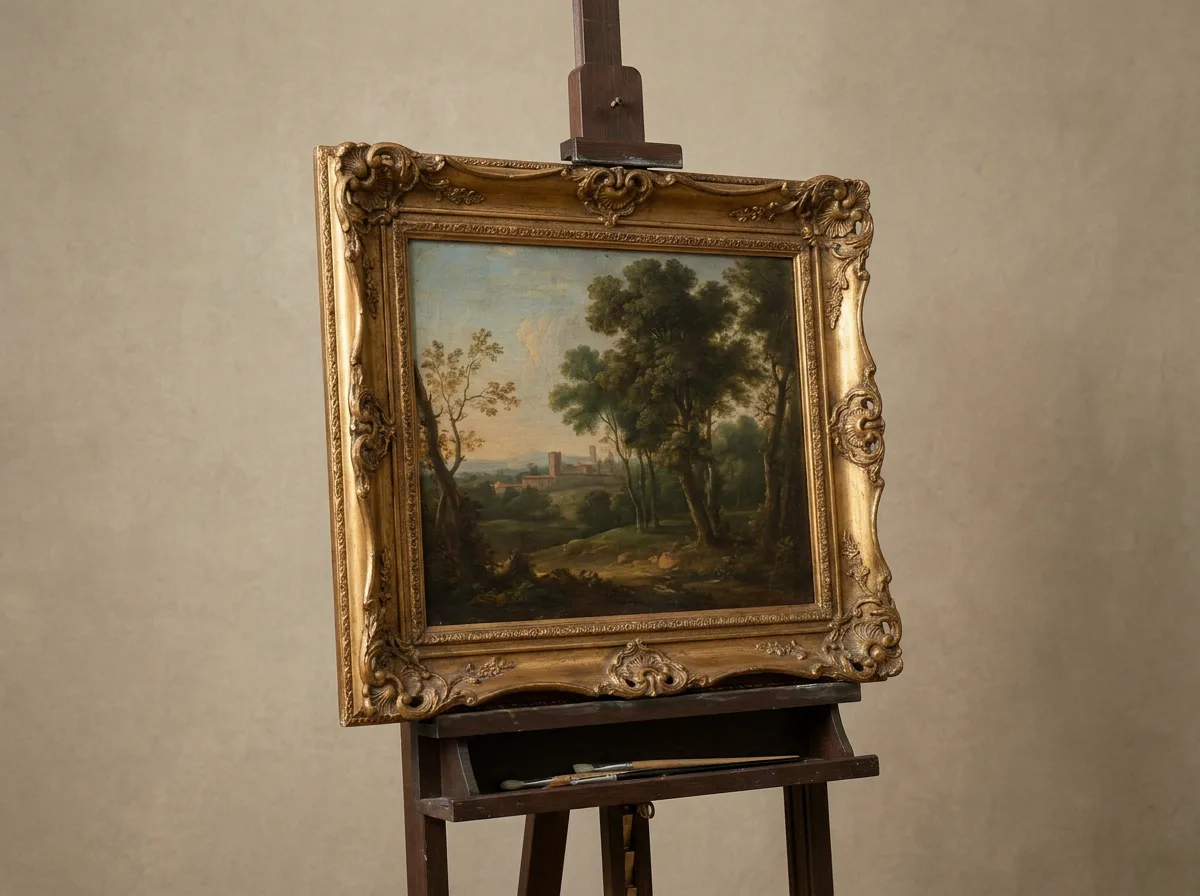 Ornate framed classical oil painting displayed on an easel against neutral background
