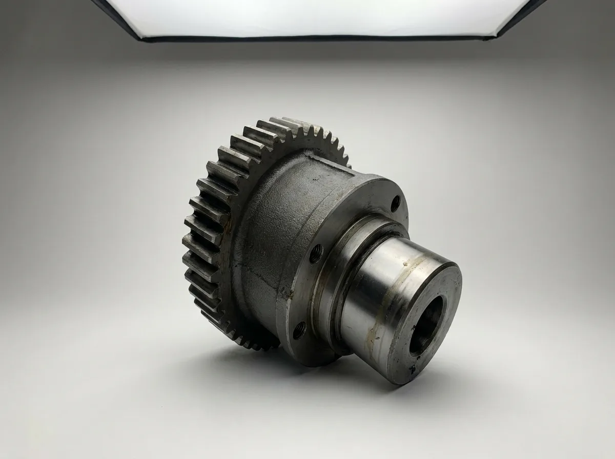 Metallic hydraulic press gear assembly on neutral background