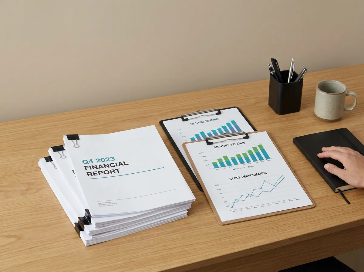 Organized desk with stacked financial documents and printed bar and line charts on neutral background