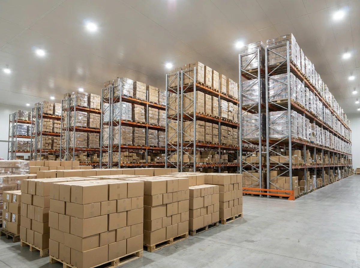 Warehouse shelving with stacked cardboard boxes and packaged inventory
