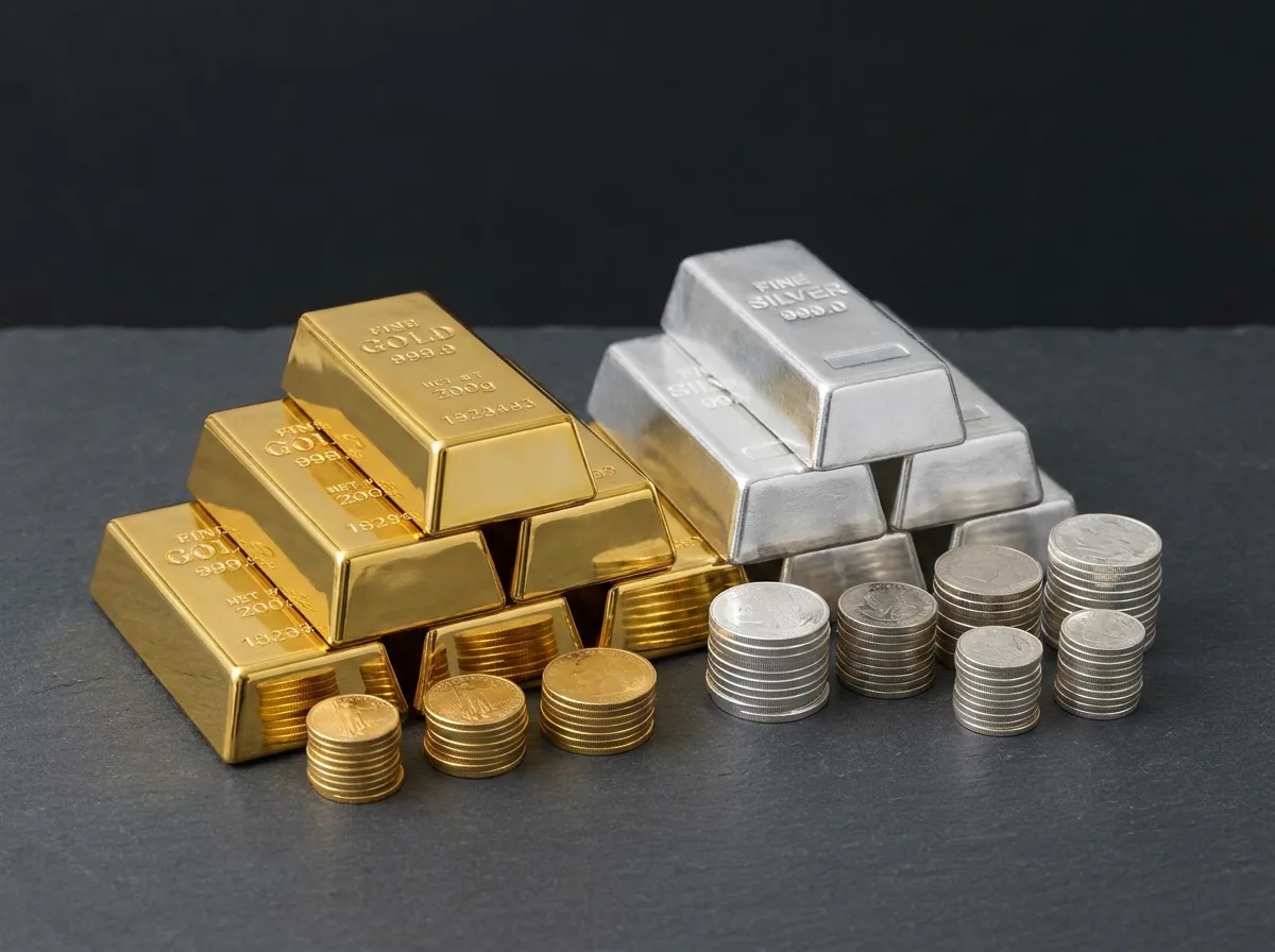 Gold and silver bars and coins stacked neatly on dark surface