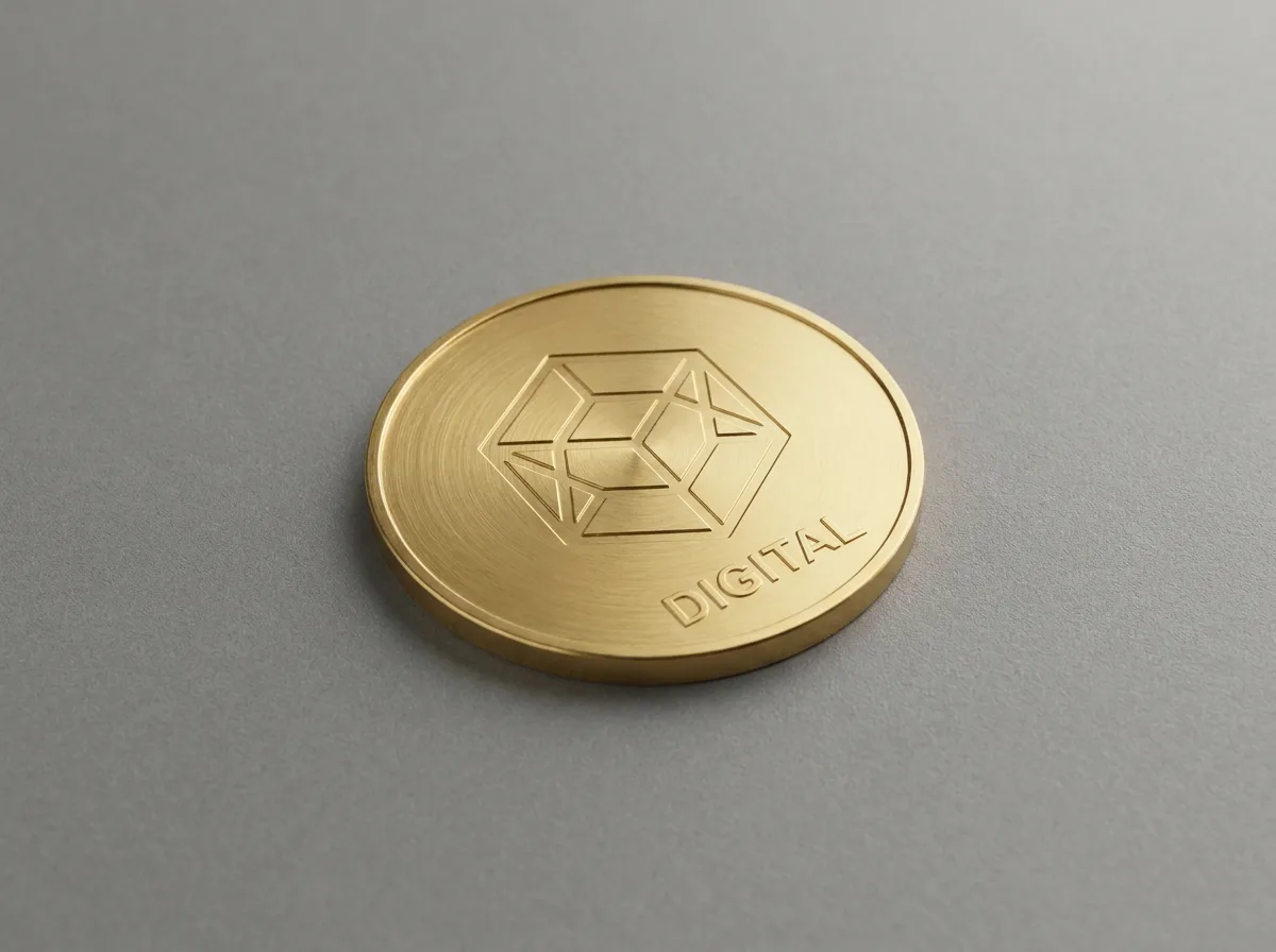 Gold-toned coin with digital symbol engraving on matte surface