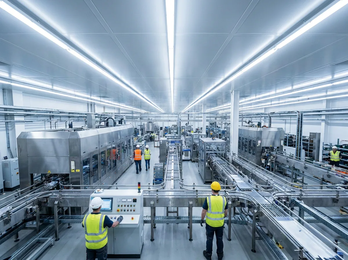 Modern factory floor with industrial machines and metal conveyor systems under overhead lighting