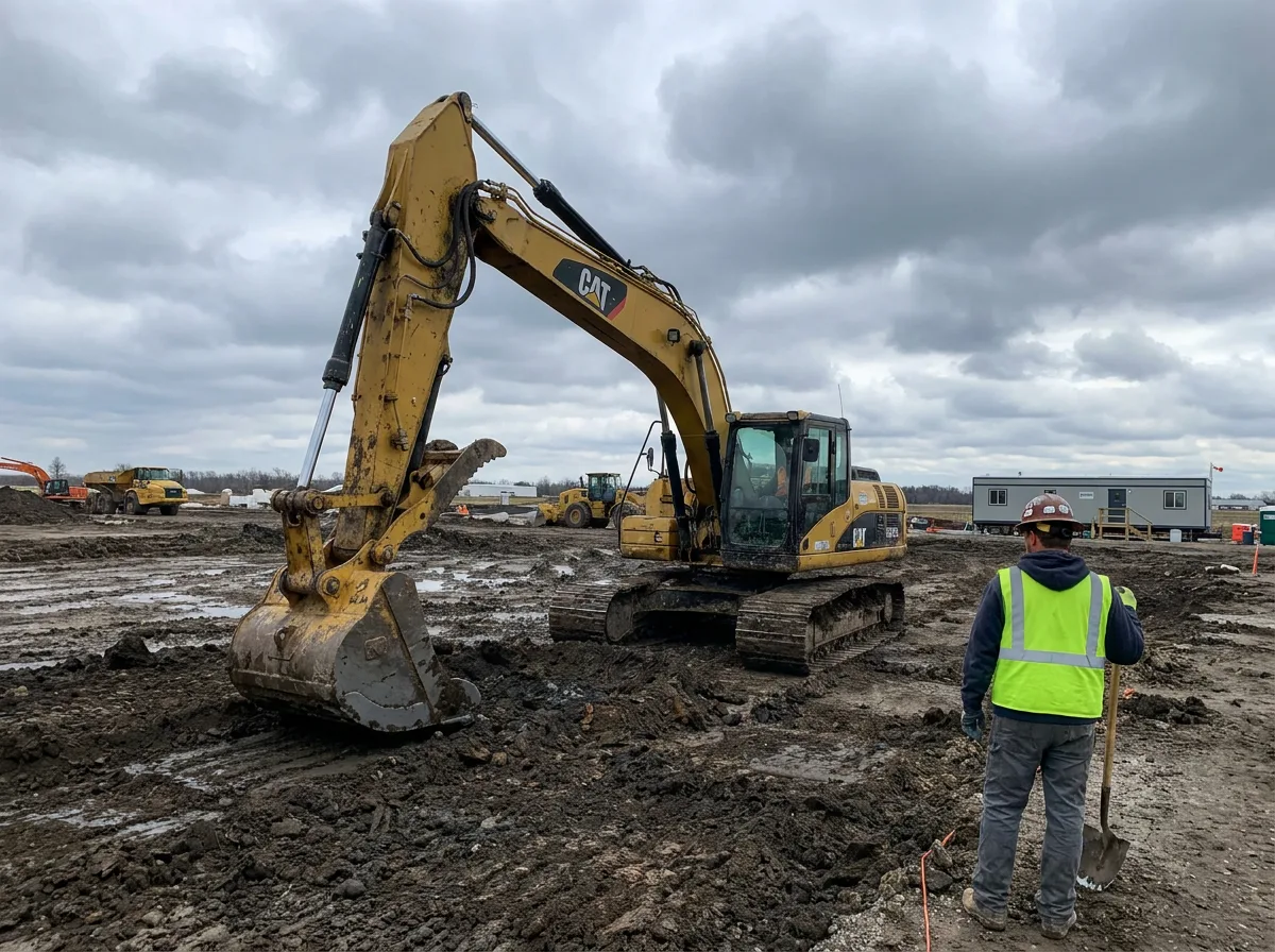 Yellow excavator digging soil at construction site under overcast sky