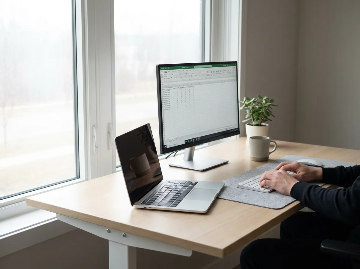 Modern office desk with laptop, monitor, keyboard, and mouse by window with natural light