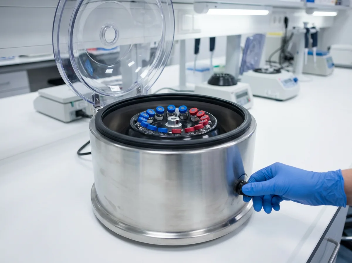 Stainless steel laboratory centrifuge with loaded sample vials on clinical countertop