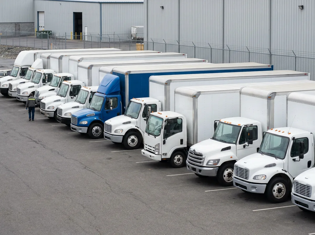 Row of commercial delivery trucks parked in industrial lot