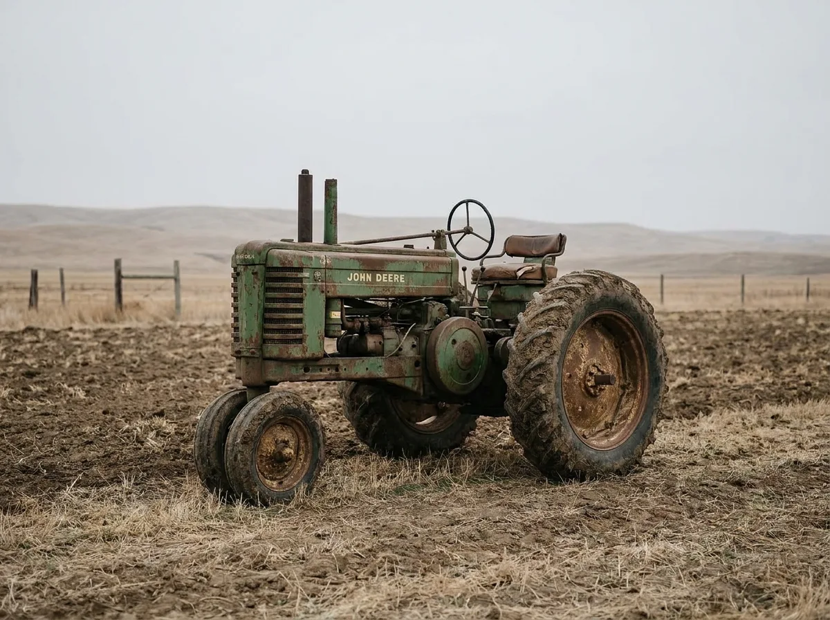 Weathered green tractor parked in open farm field under midday light