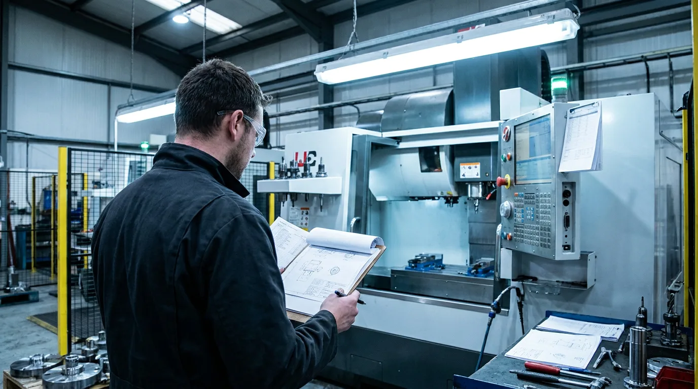 Factory worker reviewing specifications against CNC machine on production floor