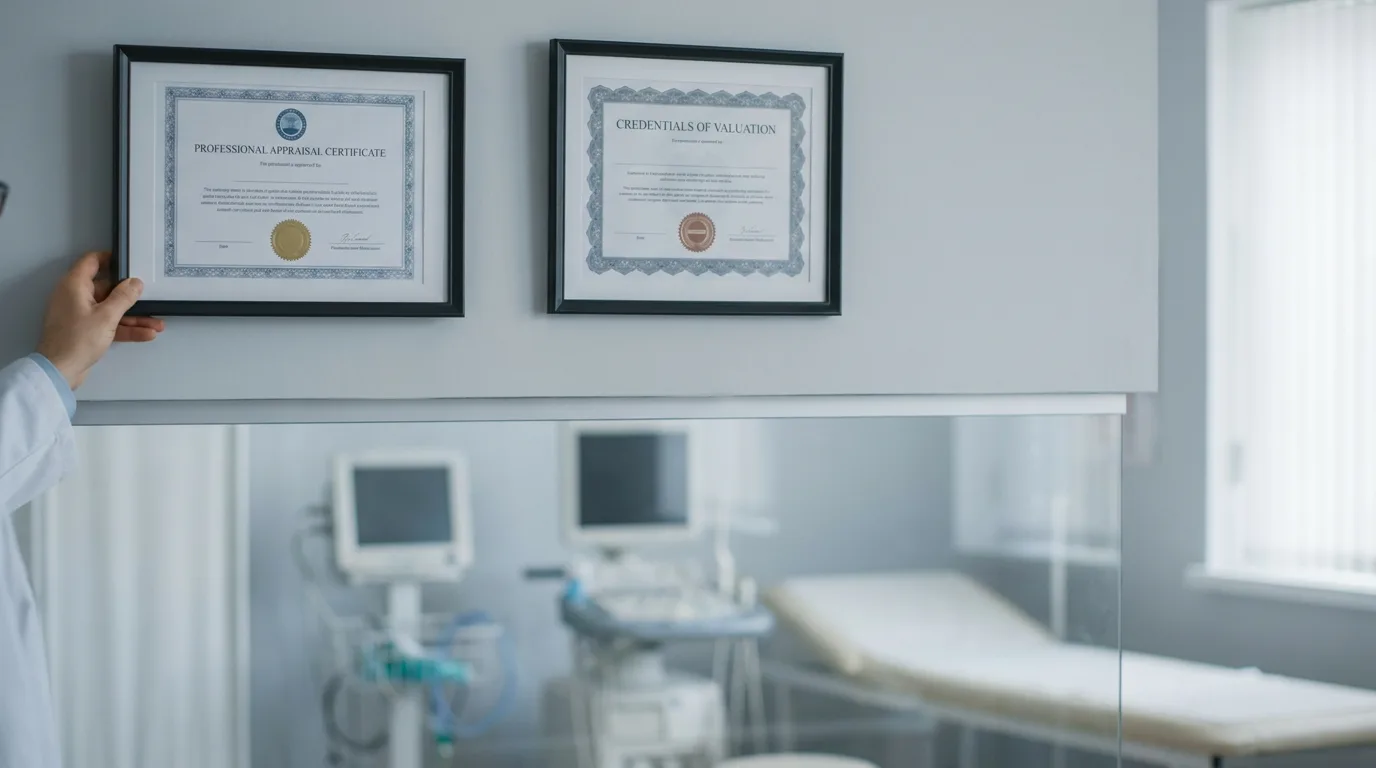Framed appraisal certificate and credentials on office wall with medical equipment blurred in background