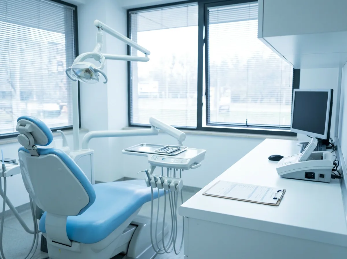 Dental operatory with chair, overhead light, instrument tray, and imaging equipment on counter