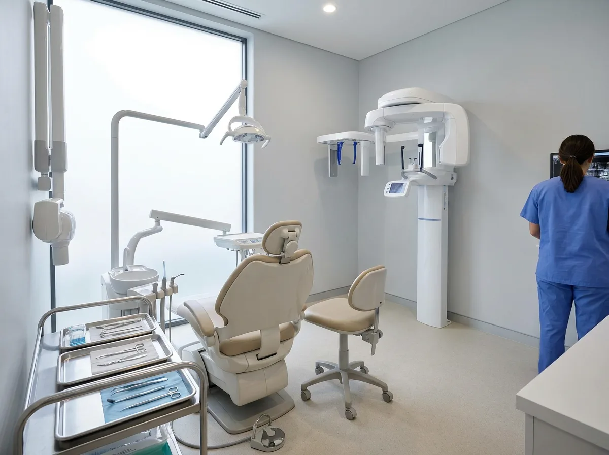 Dental exam room with chair, overhead imaging system, and organized instrument trays