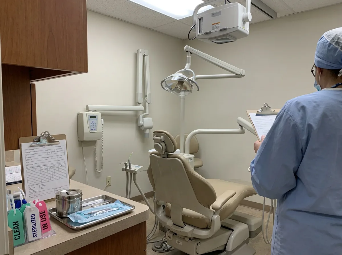 Dental operatory chair with overhead imaging equipment and stainless steel instrument tray in clinical exam room