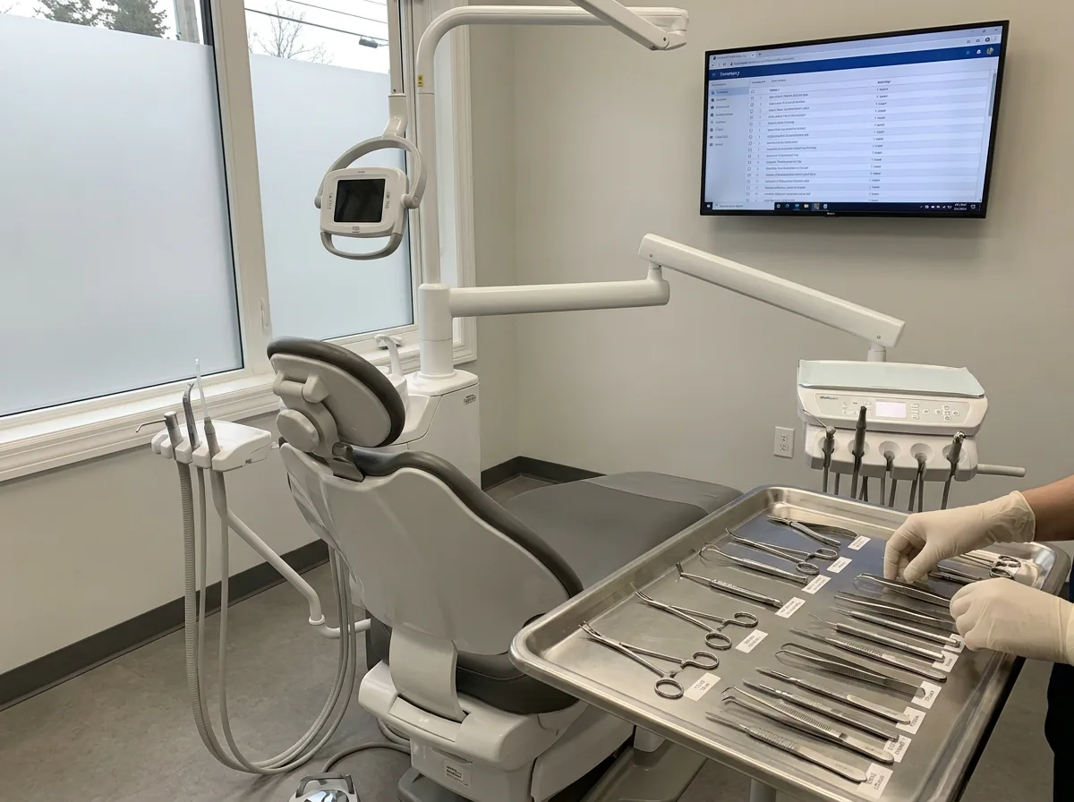 Dental exam room with chair, overhead lighting, imaging equipment, and organized surgical instruments on tray