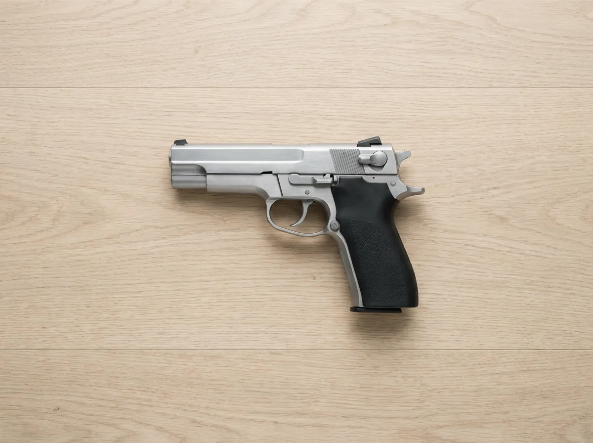 Handgun displayed on wooden surface in studio lighting