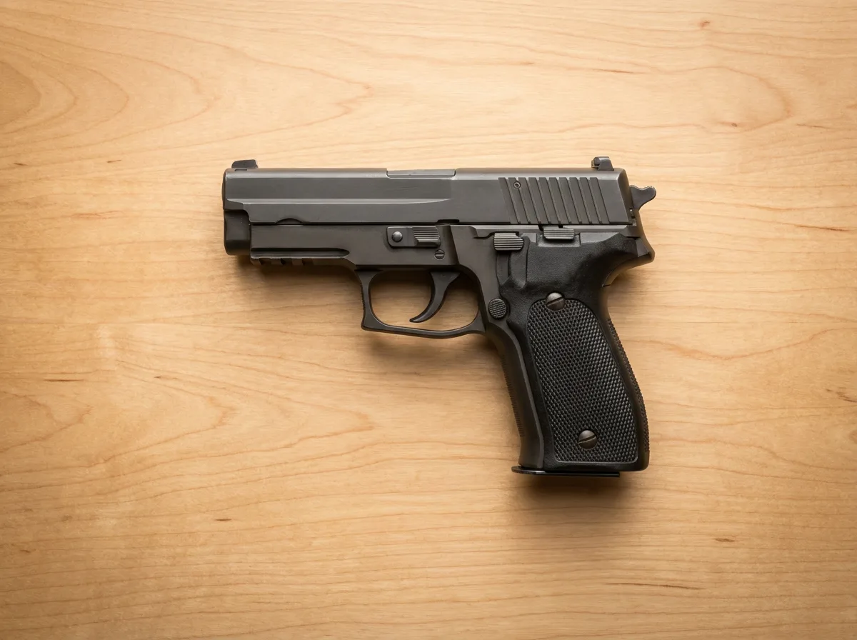 Handgun positioned flat on wooden surface in studio lighting