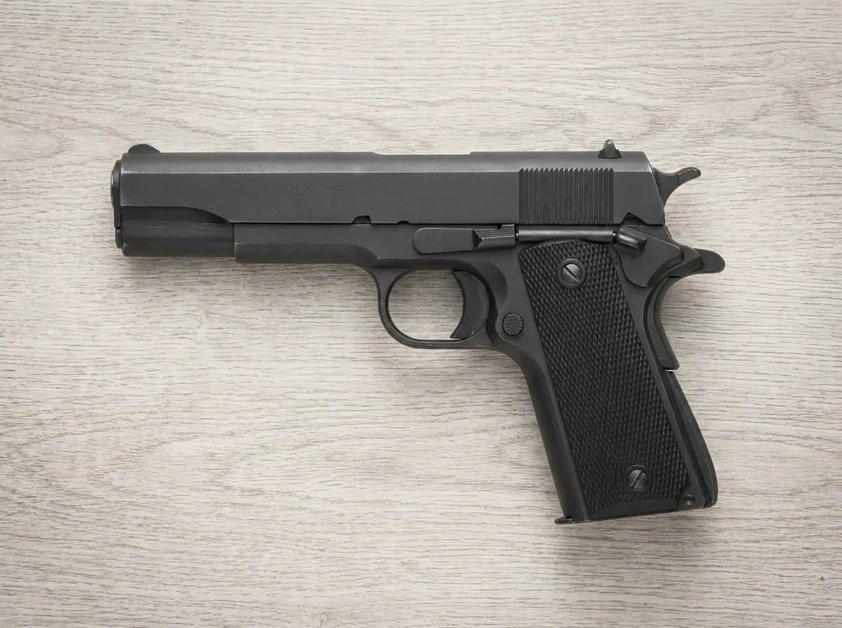 Handgun displayed flat on wooden surface under studio lighting