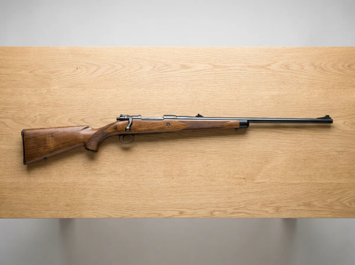 Bolt-action rifle on wooden surface in studio lighting