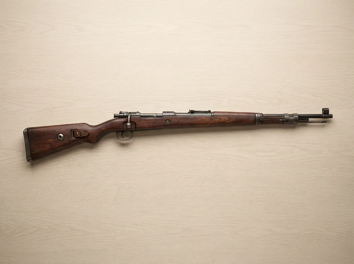 Bolt-action rifle on wooden surface with neutral studio lighting