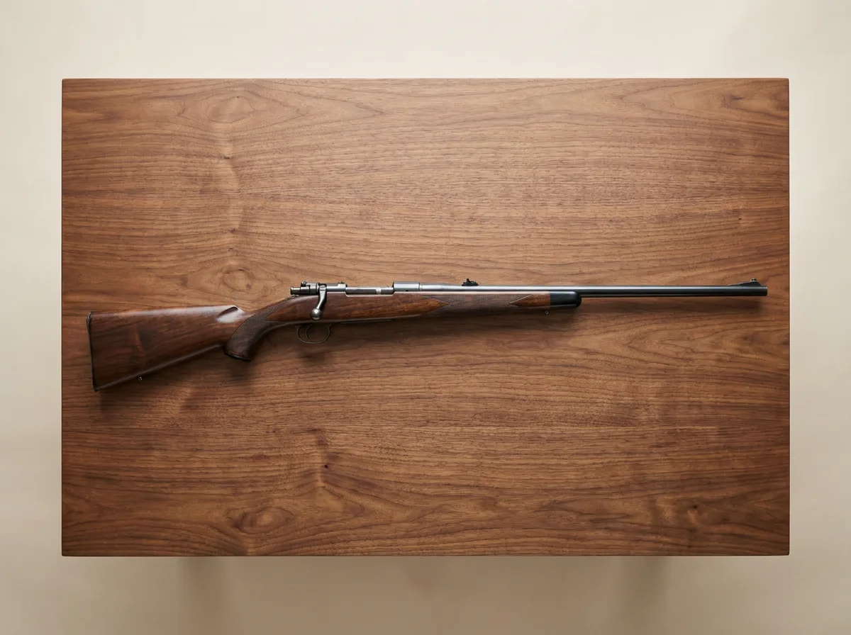 Classic bolt-action hunting rifle on walnut wood surface with neutral background