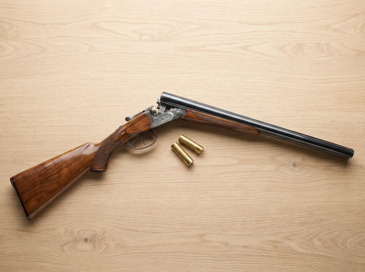 Side-by-side double-barrel shotgun on wooden surface under studio lighting