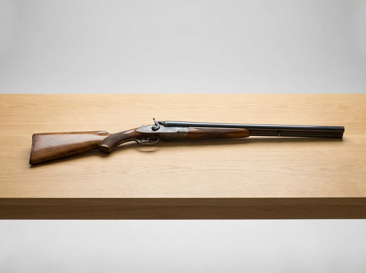 Classic double-barrel shotgun on wooden surface with neutral background