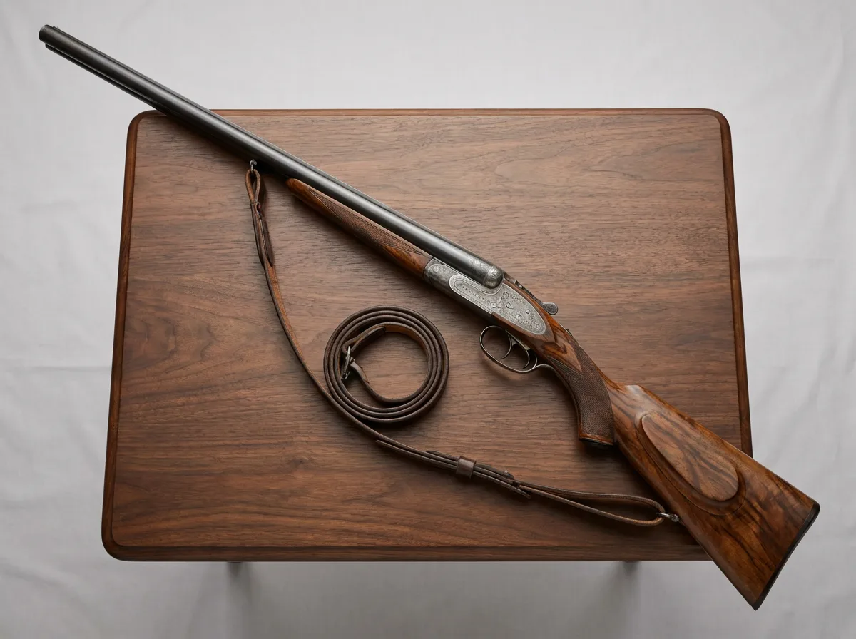 Classic double-barrel shotgun on walnut surface with engraved metal and polished wood