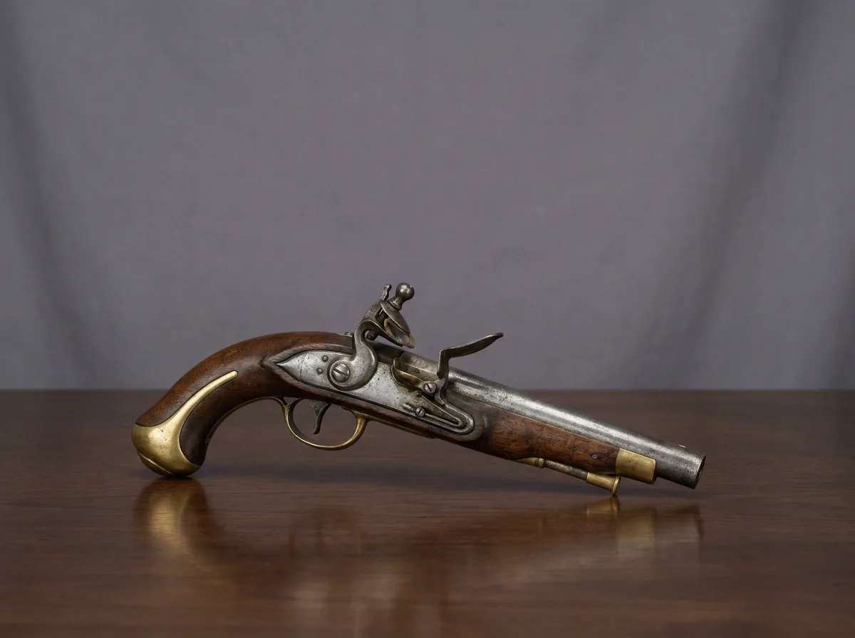 Vintage antique firearm displayed flat on polished wood surface with neutral background