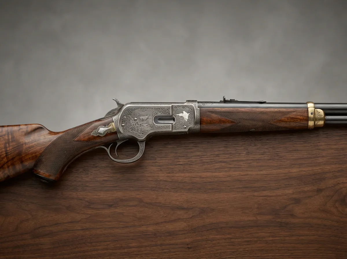 Ornate antique rifle with engraved metal details displayed on polished wood surface