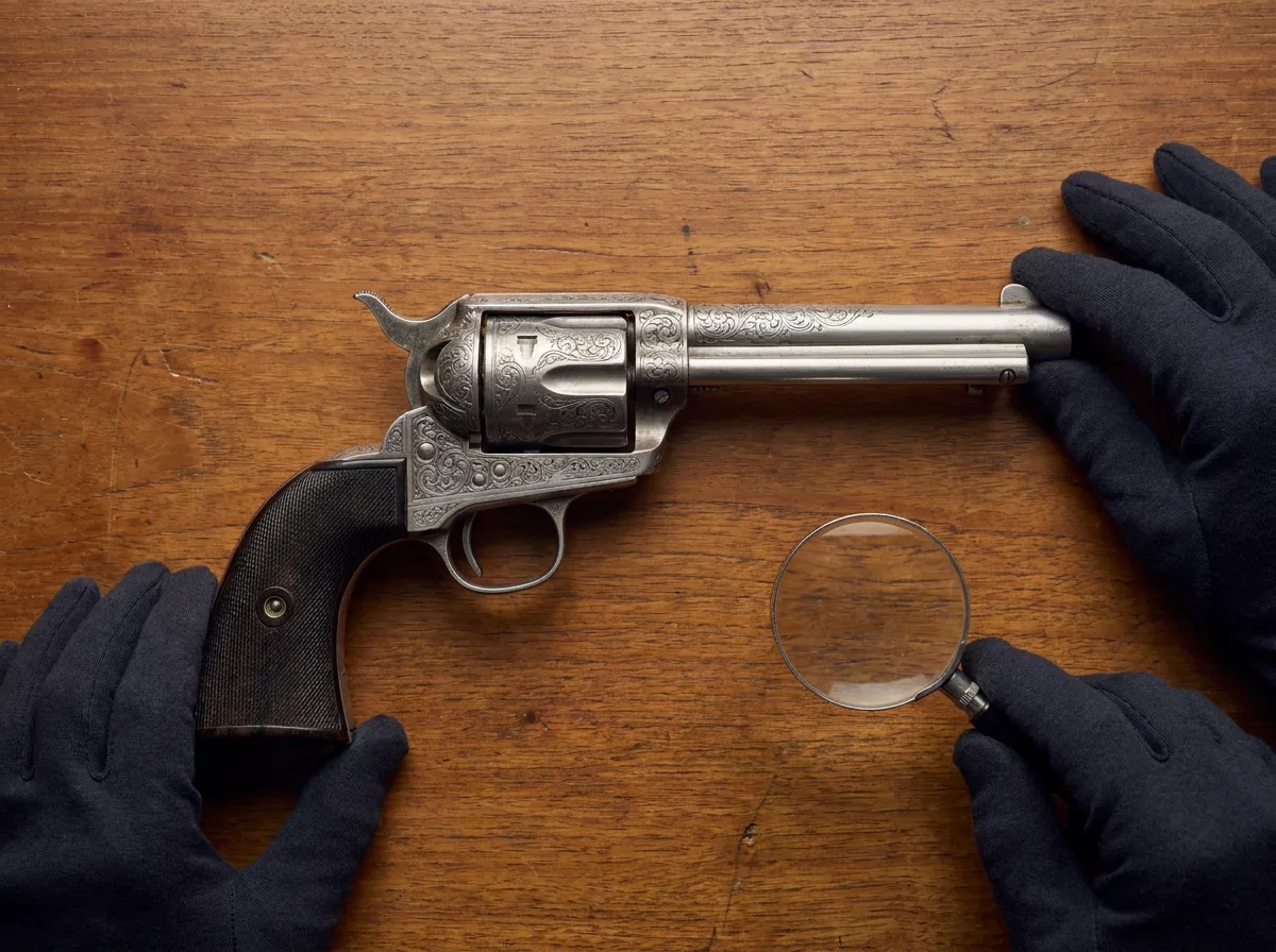 Antique engraved revolver on wooden surface with studio lighting