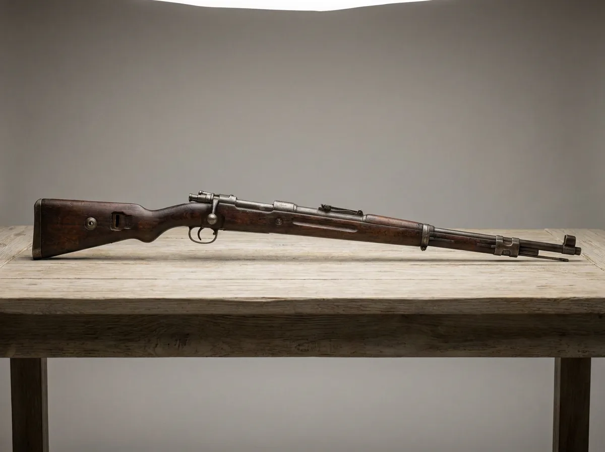 Vintage military bolt-action rifle on wooden surface