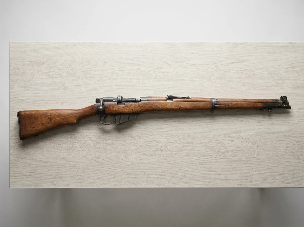 Vintage military rifle displayed on wooden surface in studio lighting