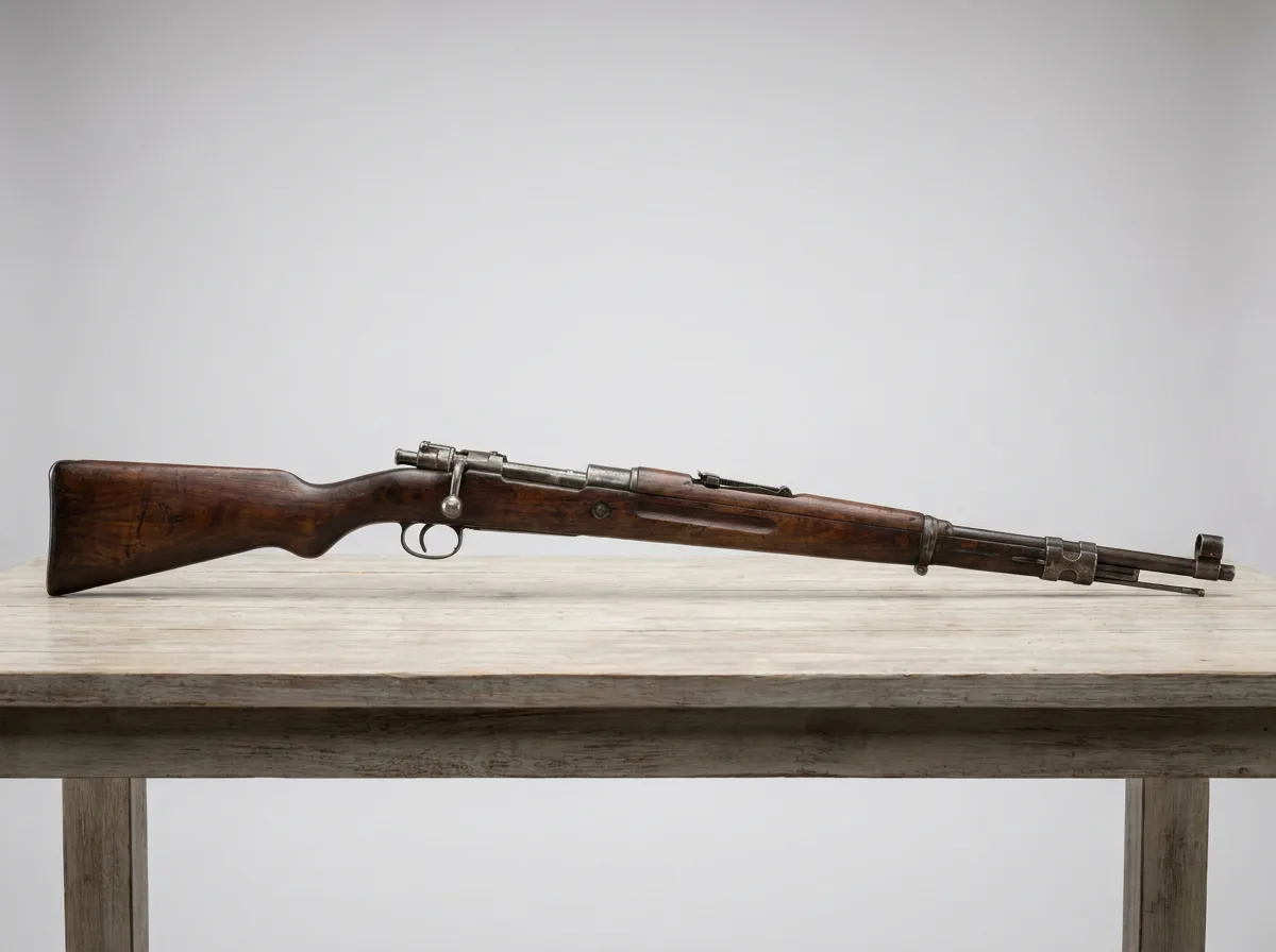 Antique military rifle on wooden surface, studio lighting