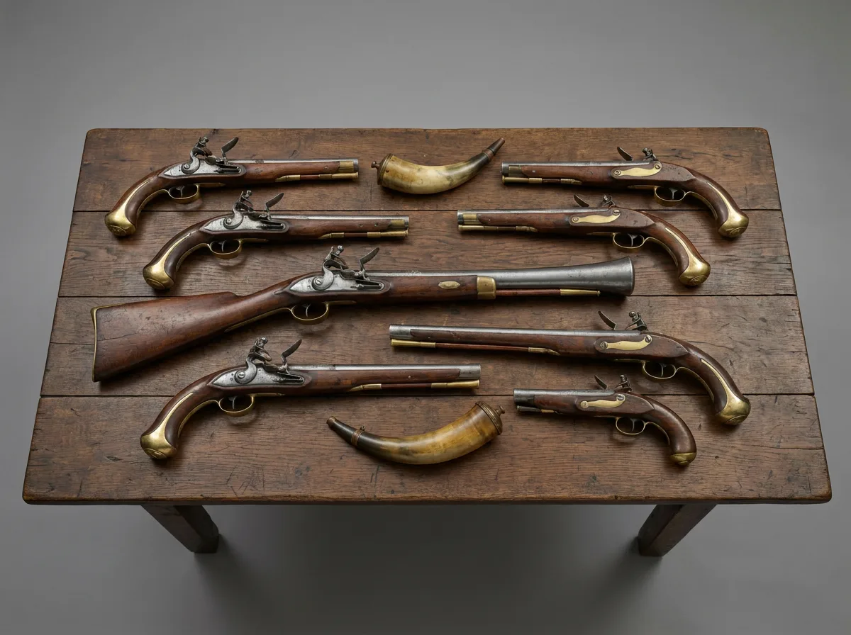 Antique firearms collection arranged flat on wood surface with studio lighting