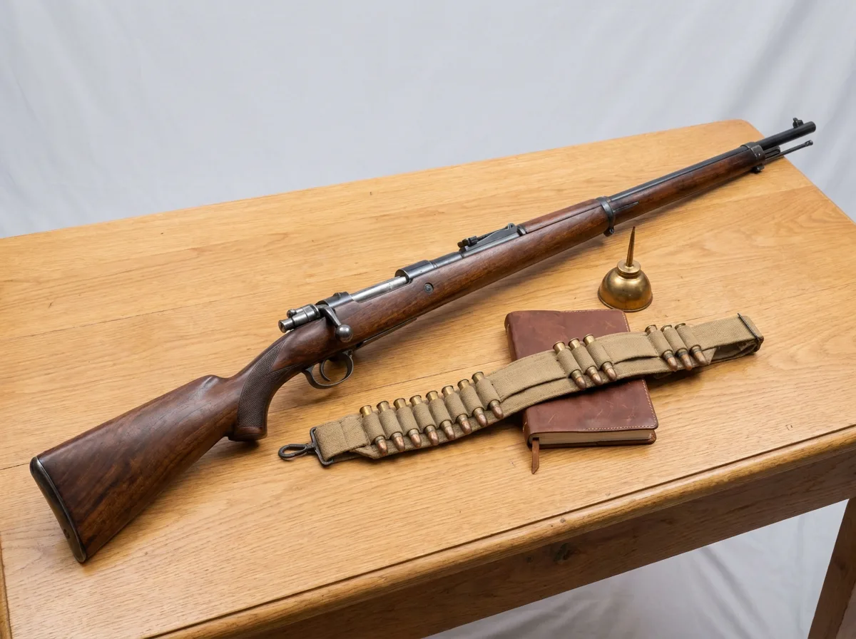 Vintage bolt-action rifle on wooden table, overhead view