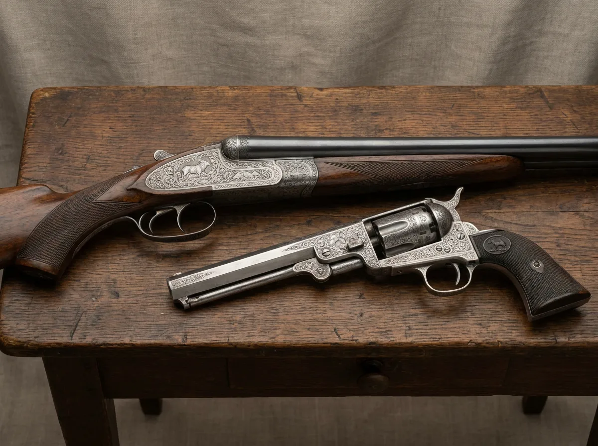 Engraved vintage shotgun and revolver displayed on wooden surface from above