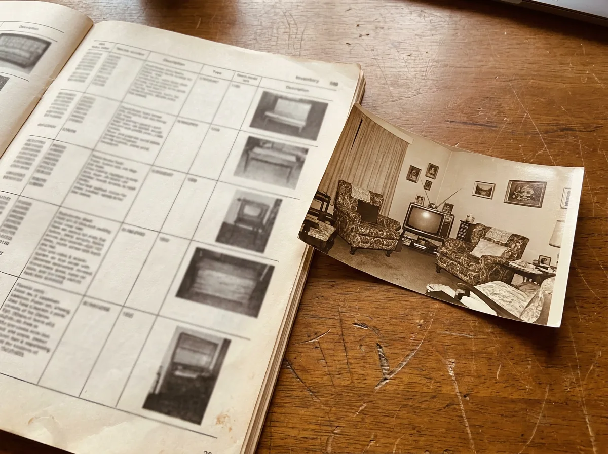 Printed inventory pages with item photos next to text, beside a vintage family photograph of a living room, arranged on a desk in warm lighting