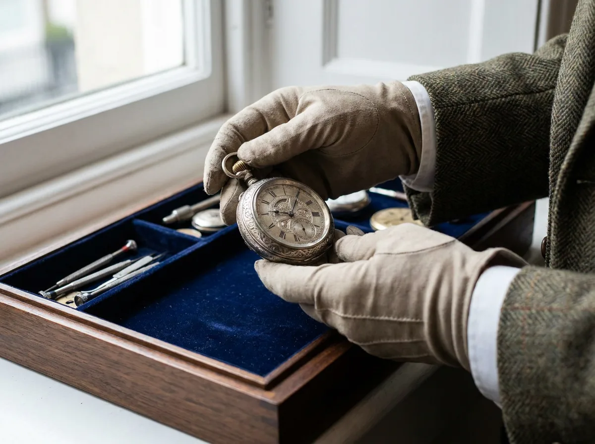Collector's hands examining a rare antique pocket watch on a velvet display tray