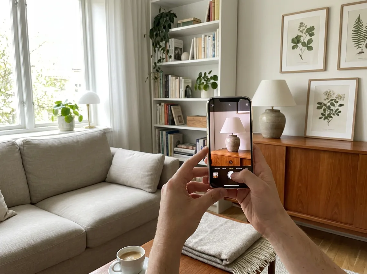 Person photographing home furnishings and decor with smartphone in bright, organized living room