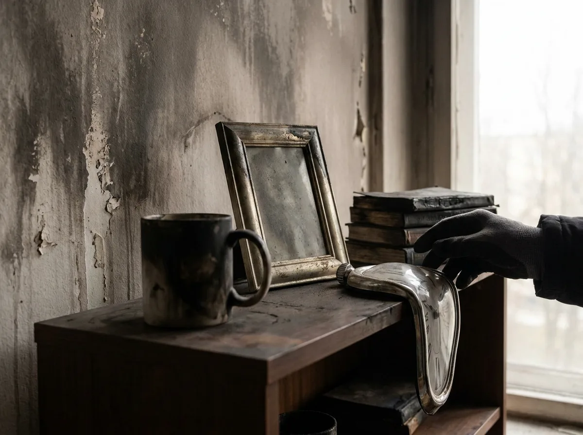 Soot-covered household items on shelf with smoke damage on wall