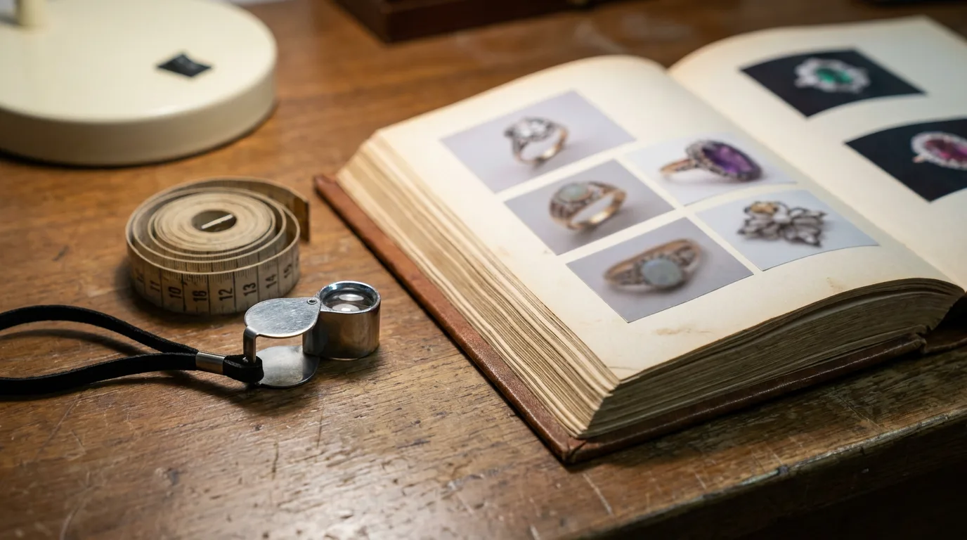 Appraiser's desk with jeweler's loupe, measuring tape, and open appraisal report displaying item photographs