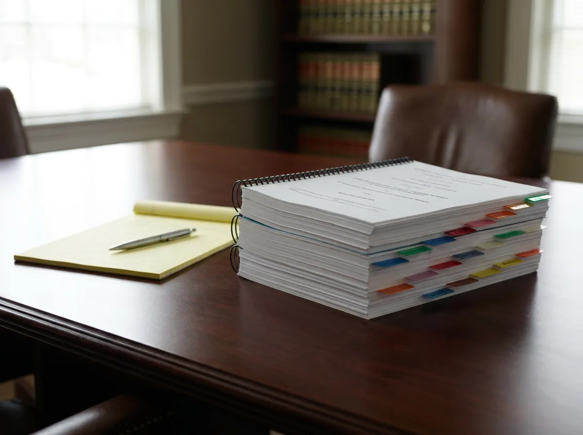 Bound appraisal reports with exhibit tabs on a law office conference table