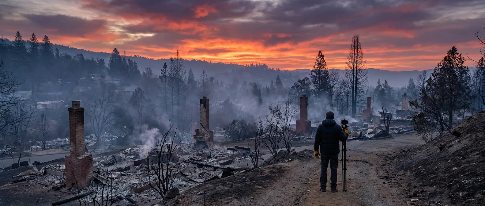 Wildfire aftermath landscape with burnt trees, standing chimneys amid ash, and smoke under red-orange dawn sky
