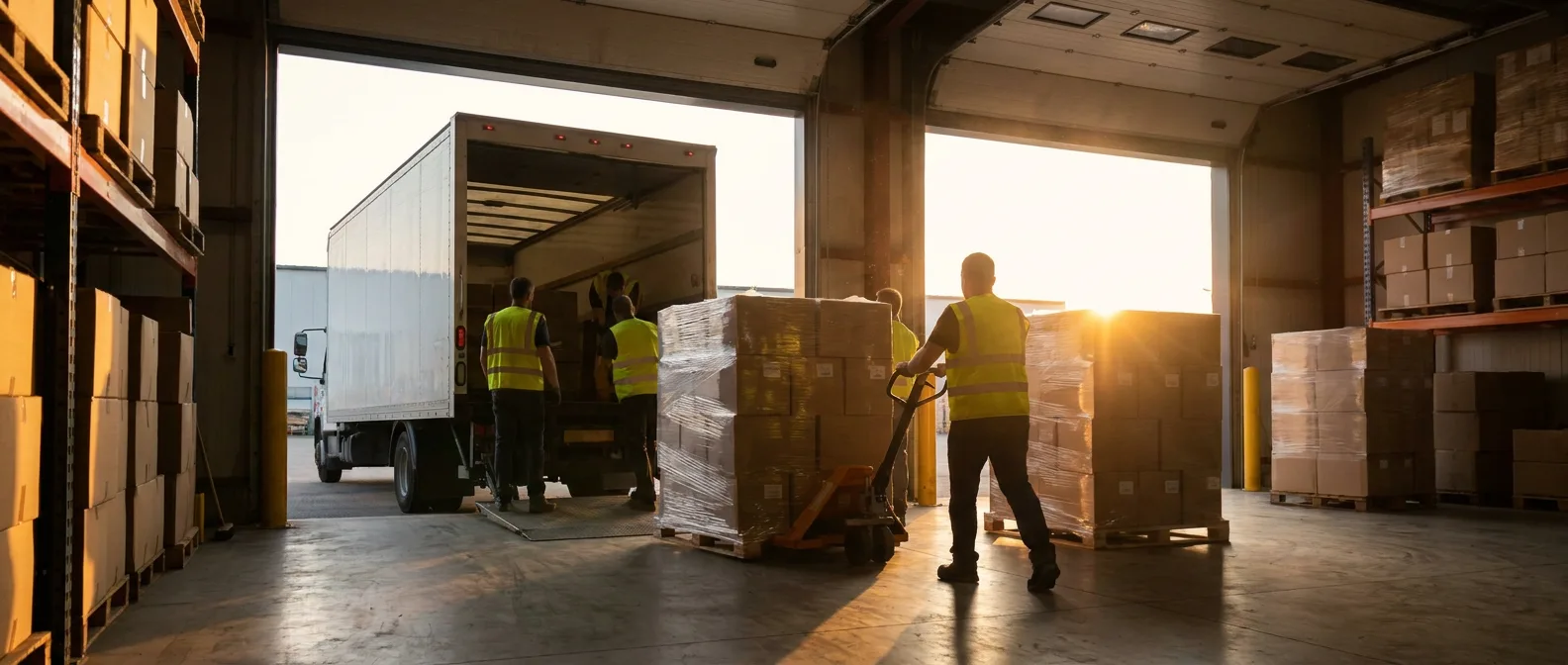 Warehouse loading dock at sunset with workers loading shrink-wrapped pallets onto a box truck