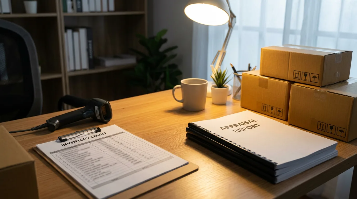 Desk with inventory sheet, barcode scanner, appraisal report, and stacked product cartons under warm lighting