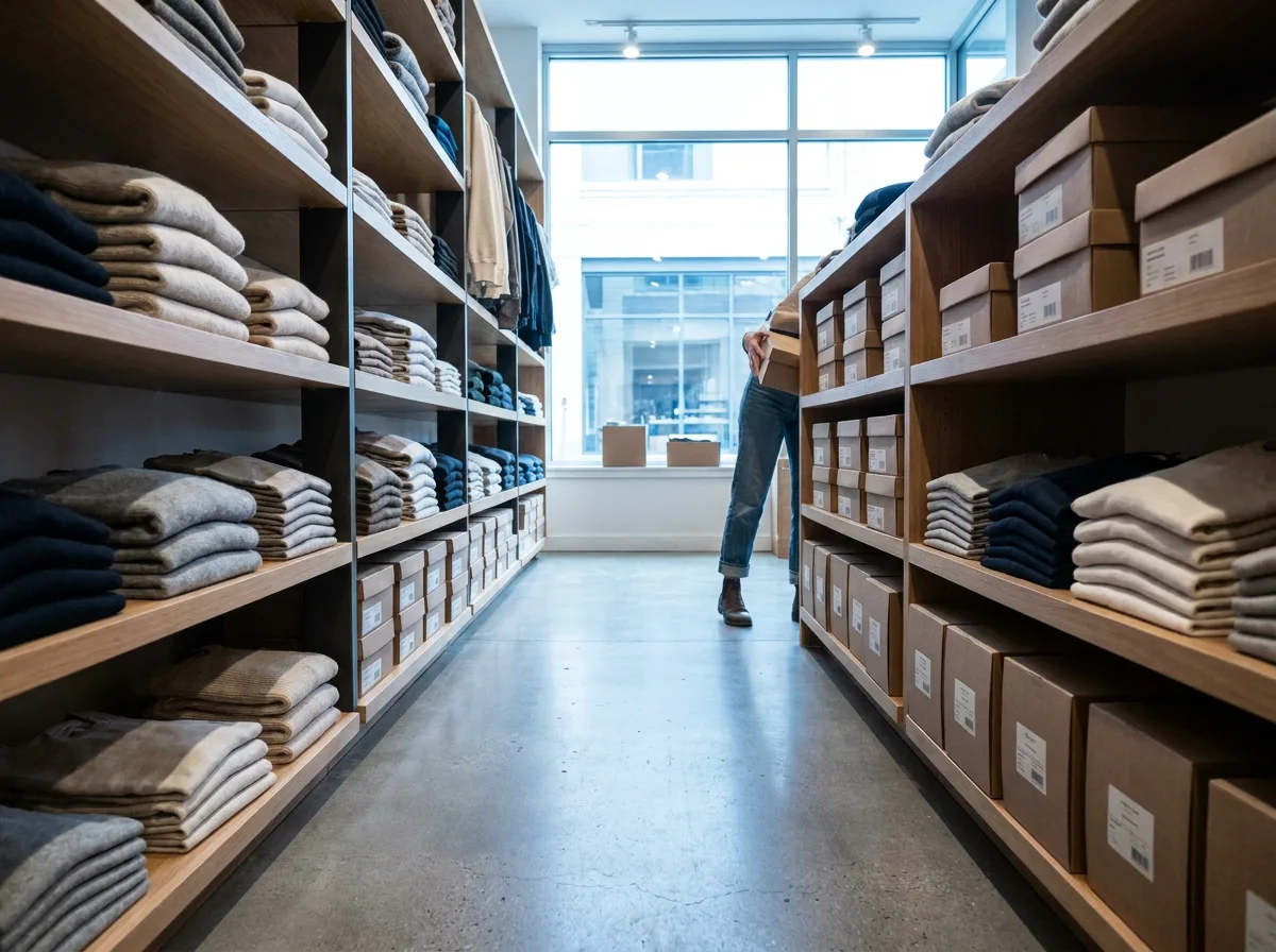 Retail clothing aisle with folded items and boxed merchandise stacked on shelves, viewed from low angle with natural window light