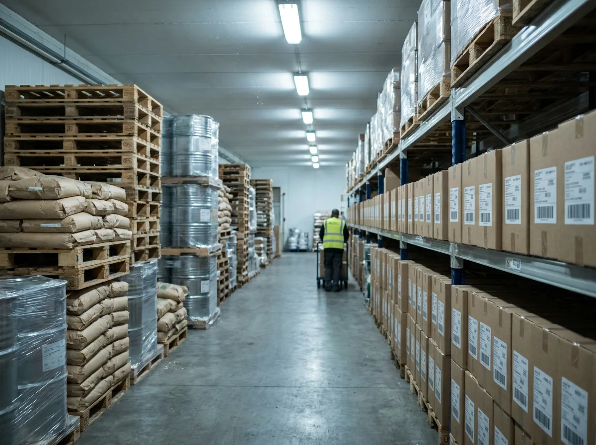 Warehouse aisle with raw material pallets on left and boxed finished goods on right under overhead lighting