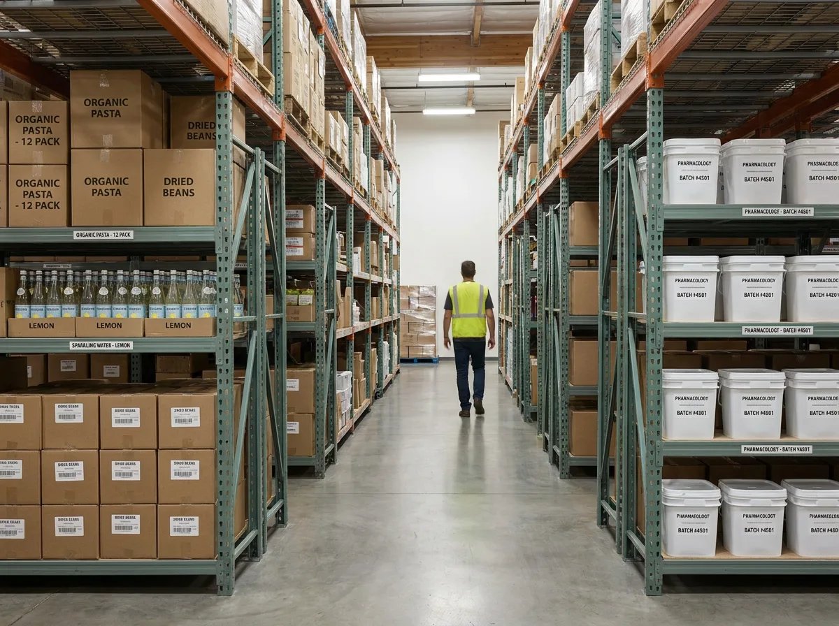 Organized warehouse shelves with labeled food boxes, beverage bottles, and pharmaceutical packages