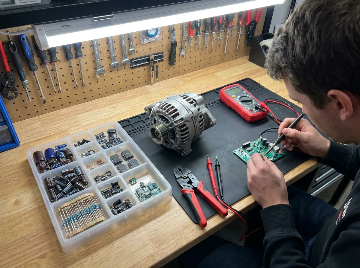 Electronics components and car part organized on workbench with specialty tool
